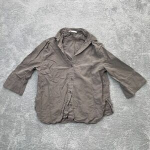 Zara Blouse Womens Medium Gray Linen Blend Top Pleated Side Slit Button Boho